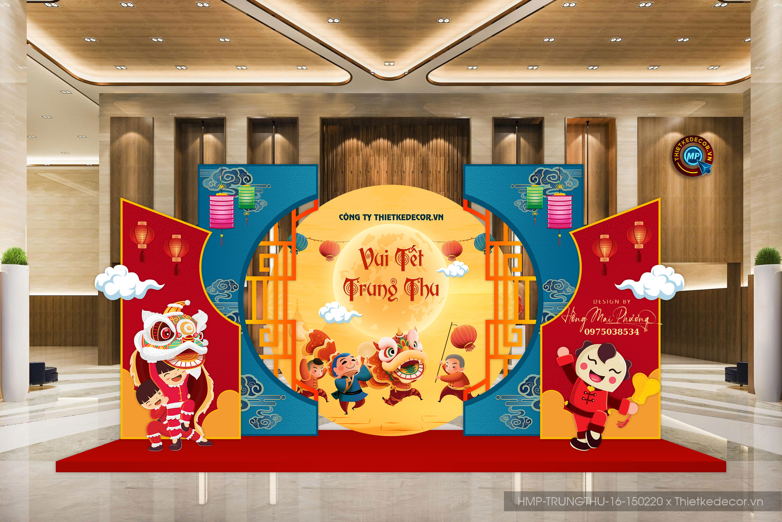 Backdrop Trung thu Trang trí Trung Thu tone vàng cute đại sảnh Mall, Chung cư, Nhà Hàng, Khách Sạn Sang trọng